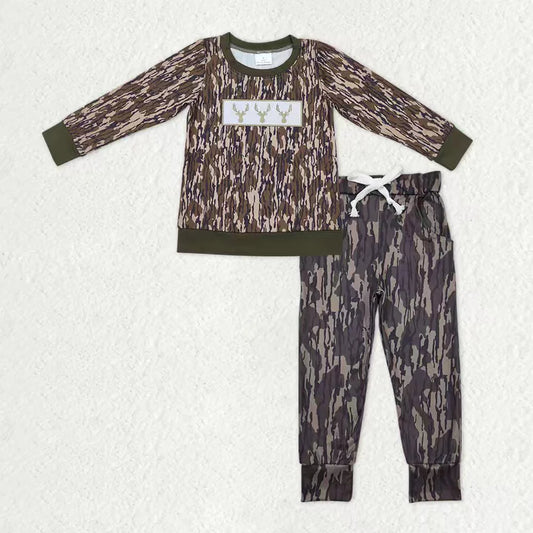 12.30 RTS NO MOQ （In stock）BT0377 + P0432 Baby Boys Olive Camo Embroidery Deer Shirt Pockets Legging Pants Hunting Clothes Sets