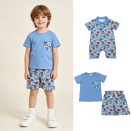 RTS Sibling Pocket top boots hat shorts boys 4th of july outfits and romper