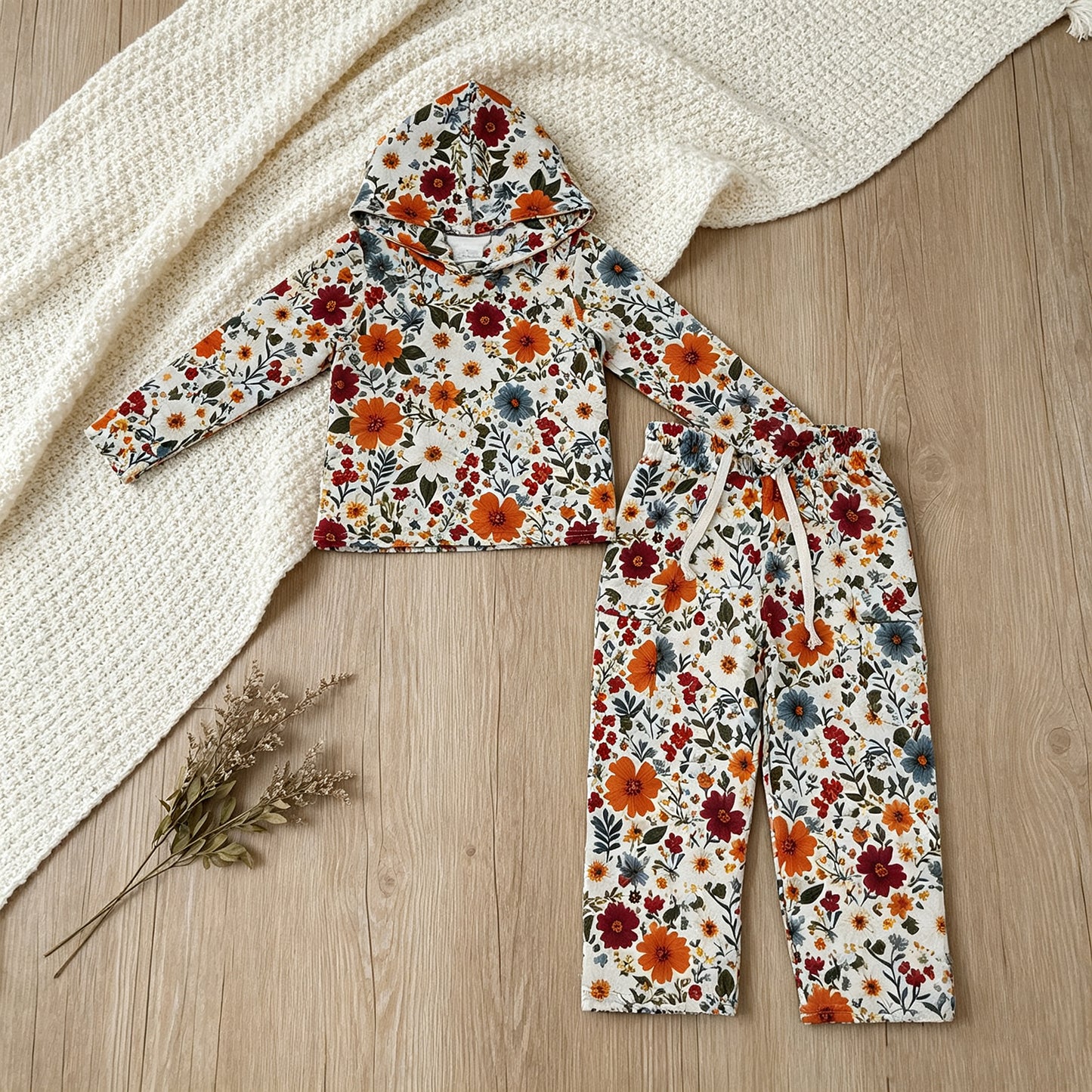 RTS NO MOQ milk silk GLP3321 Baby Girls Colorful Flowers Pocket Hoodie Top Pant Set