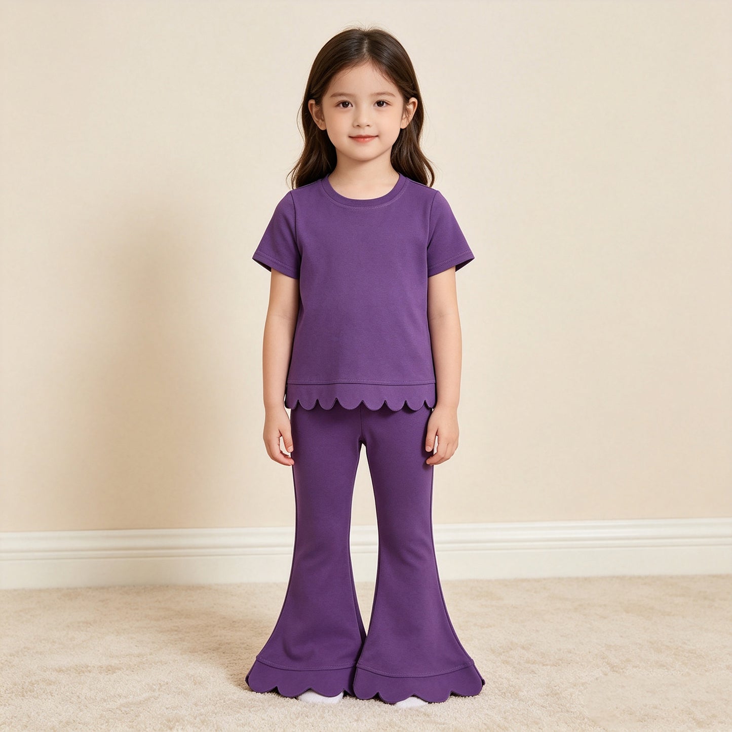 RTS NO MOQ （In stock）cotton GSPO2346（GT1776+P1084）Baby Girls Purple Short Sleeve Shirts Top Flare Pant Scallop Sets