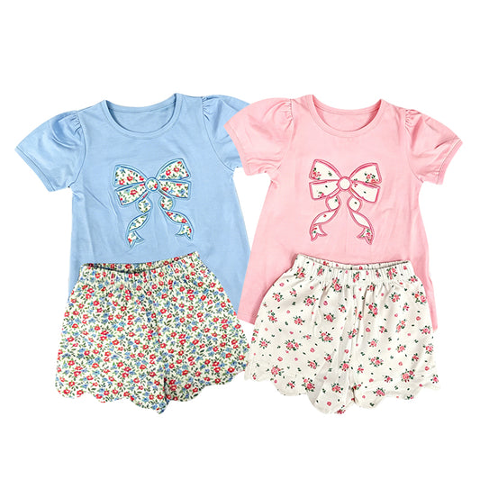 5.6 Pre order No Moq Baby Girls Floral Bow Print Short Sleeve Top And Scallop Shorts Set