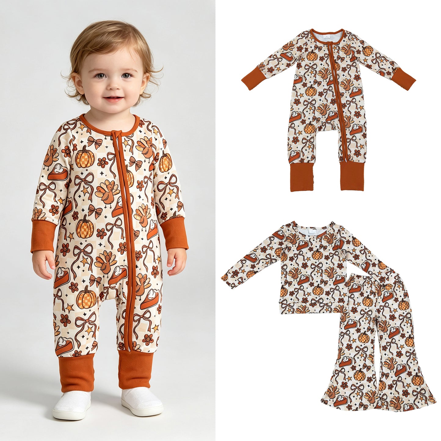 RTS NO MOQ Sibling milk silk Baby Girls Pink Bow Pumpkin Top Pants Pajamas Clothes Set Two Way Zip Convertible Rompers（副本）