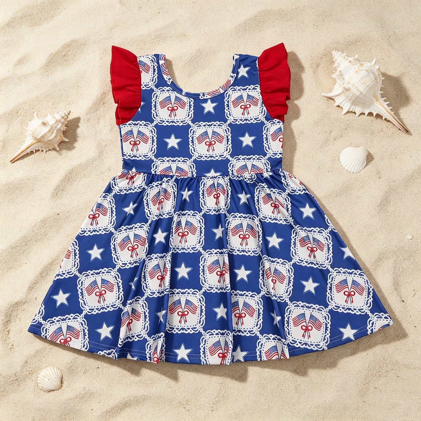 GSD3514 RTS NO MOQ （In stock ）Flutter sleeves flag bow stars girls 4th of july dresses