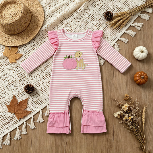 RTS NO MOQ （In stock）milk silk LR3140 Embroidery Baby Girls Pink Stripe Pumpkin Dog Print Long Sleeve Ruffle Fall Romper