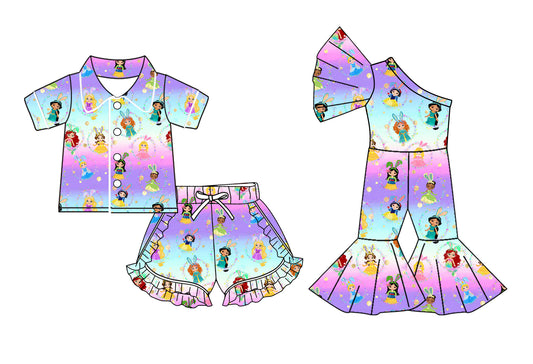 Baby Girls Easter Princess Rabbits One Shoulder Jumpsuits and short sleeve sets Preorder