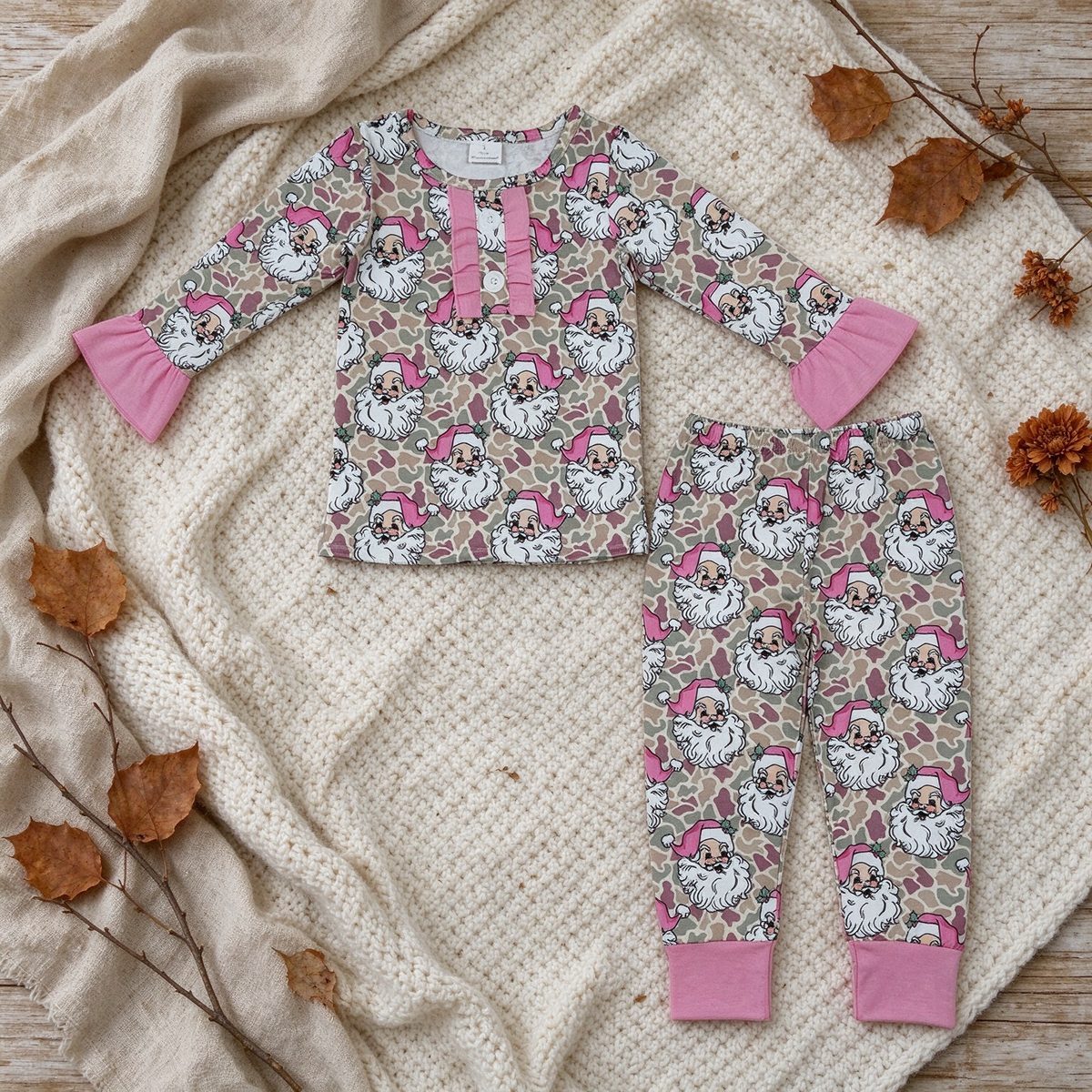 RTS NO MOQ In stock）milk silk GLP3734 Baby Girls Christmas Khaki Camo Santa Button Detail Top Elastic Waist Pant Pajamas Set