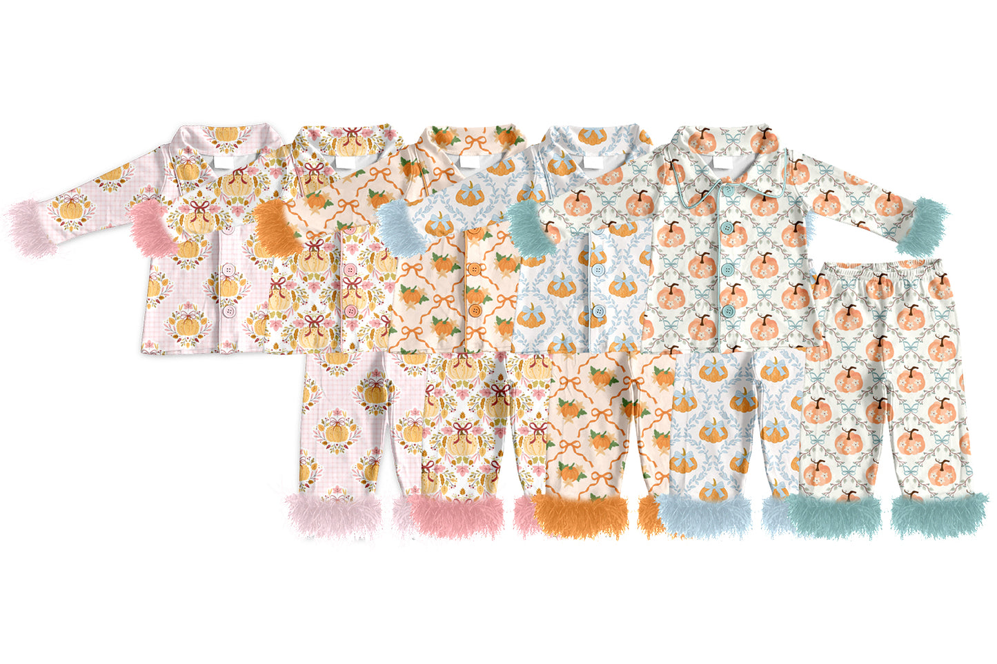 4.24 Pre order No Moq Baby Girls Pumpkin Print Two Piece Pajama With Fur Cuffs