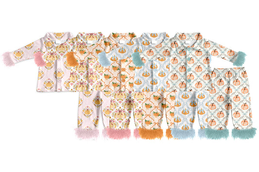 4.24 Pre order No Moq Baby Girls Pumpkin Print Two Piece Pajama With Fur Cuffs