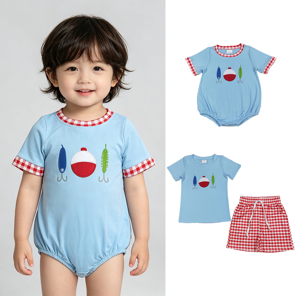4.14 RTS Sibling Short sleeves fishing lure embroidery kids boys girls outfits and romper