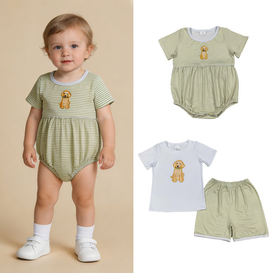 RTS Sibling Short sleeves plaid dog embroidery top shorts boys outfits and romper