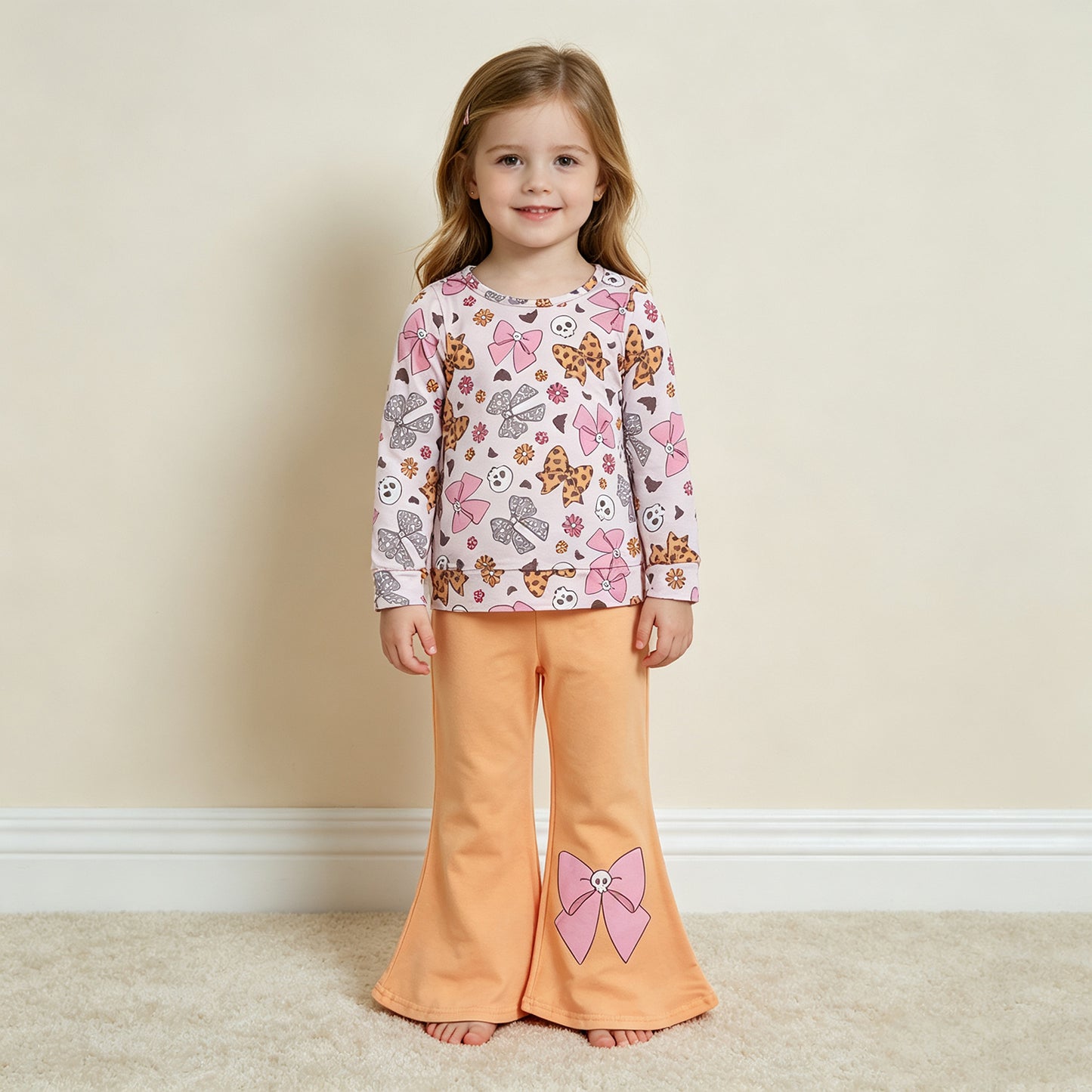 GLP3536 RTS NO MOQ （In stock）milk silk Baby Girls Bat Bows Ghosts Top Flare Pant Halloweens Casual Outfit