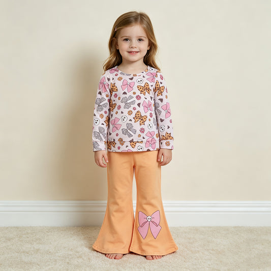 GLP3536 RTS NO MOQ （In stock）milk silk Baby Girls Bat Bows Ghosts Top Flare Pant Halloweens Casual Outfit