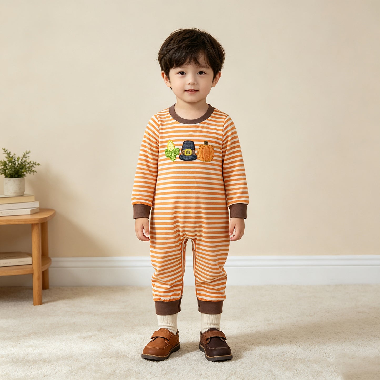 LR3037 TS NO MOQ （In stock）milk silk Embroidery Baby Boys Orange Stripe Pumpkin Embroidery Long Sleeve Fall Rompers