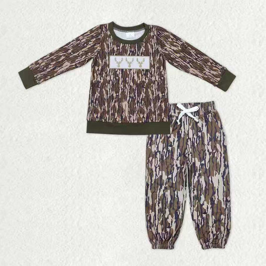12.30 RTS NO MOQ （In stock）BT0377 +  P0649 Baby Boys Olive Camo Embroidery Deer Shirt Pockets Jogger Pants Hunting Clothes Sets