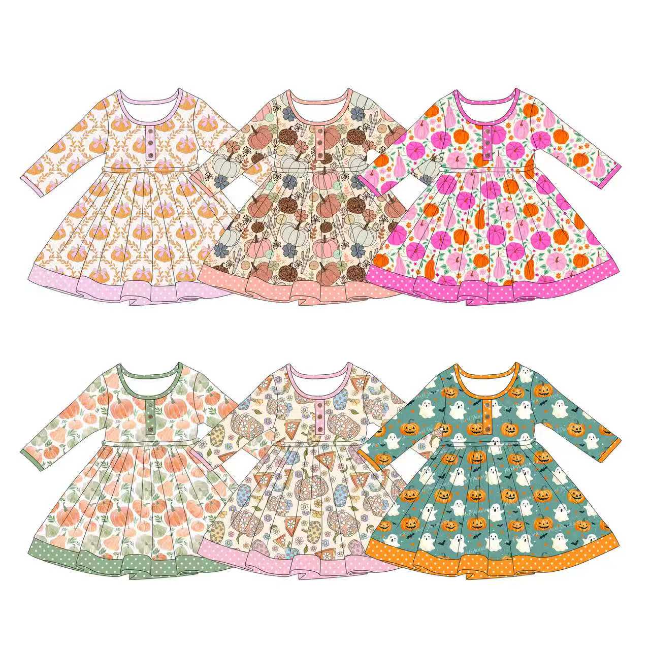5.1 Pre order No Moq Baby Girls Long Sleeve Button Knee Length Dresses