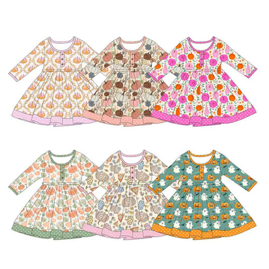 5.1 Pre order No Moq Baby Girls Long Sleeve Button Knee Length Dresses