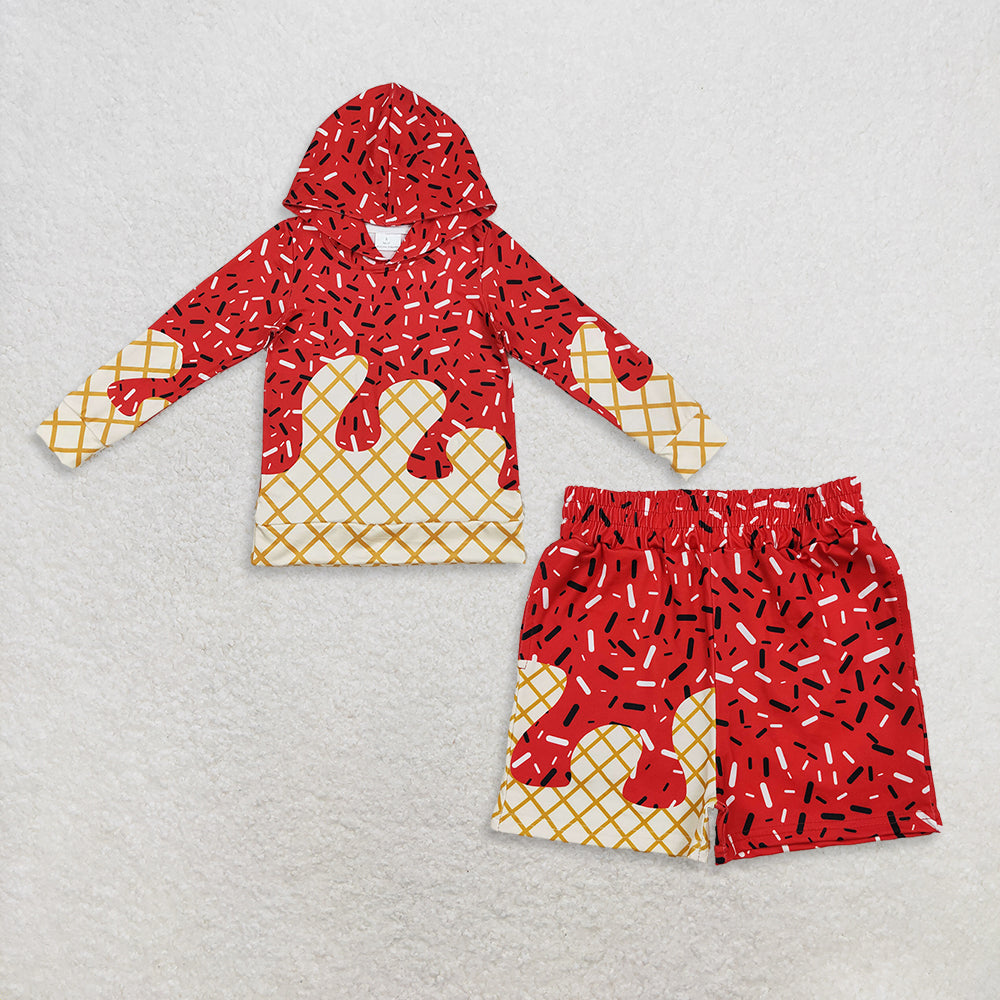 RTS Sibling Baby Girls Outfits Red Ice Cream Sprinkle Long Sleeve Baby Kids Team Hoodie Shorts Set Casual Dress for Children