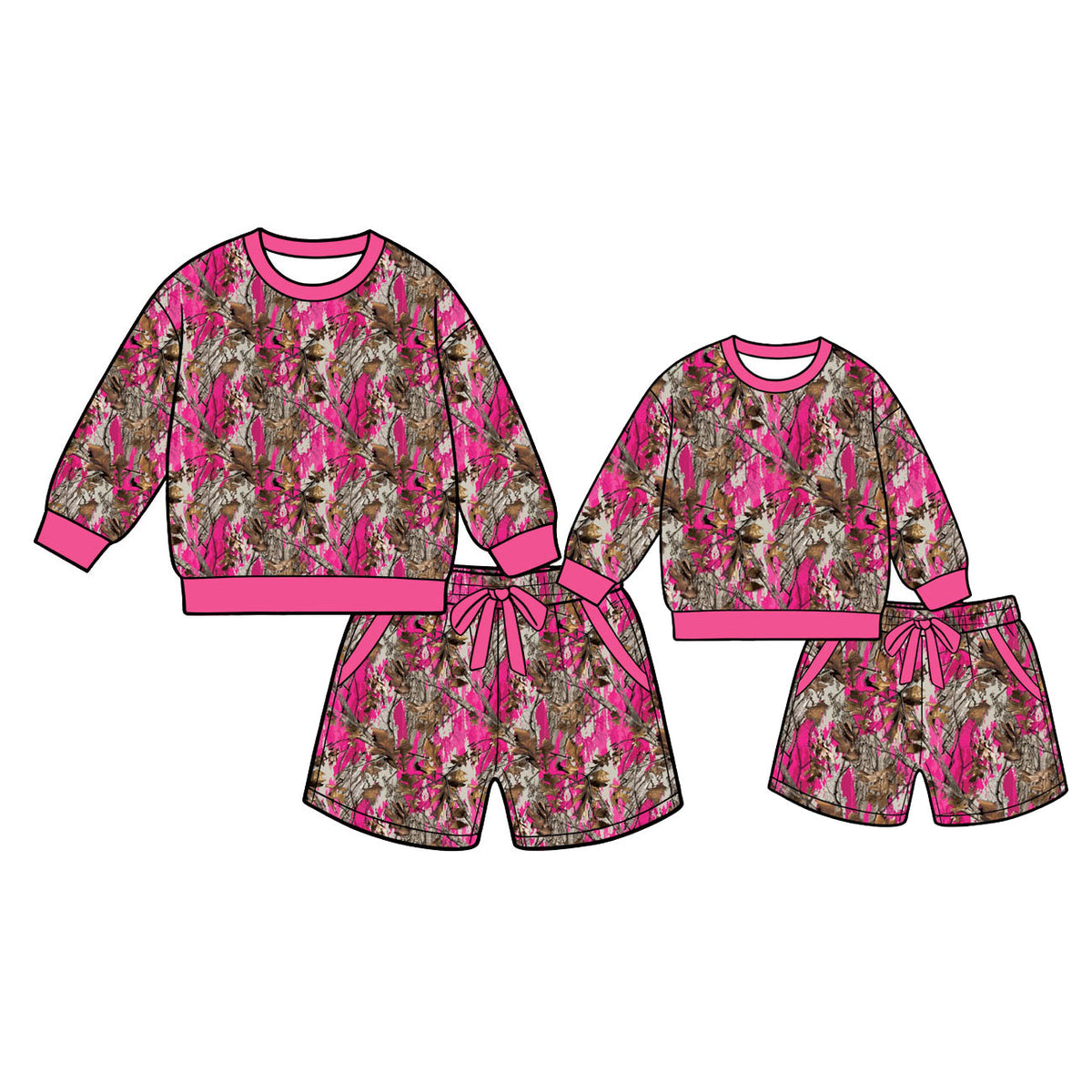 (Preorder new) No moq Adult To Match Kids Pink Camo Print Long Sleeve Top And Shorts Matching Outfit Set