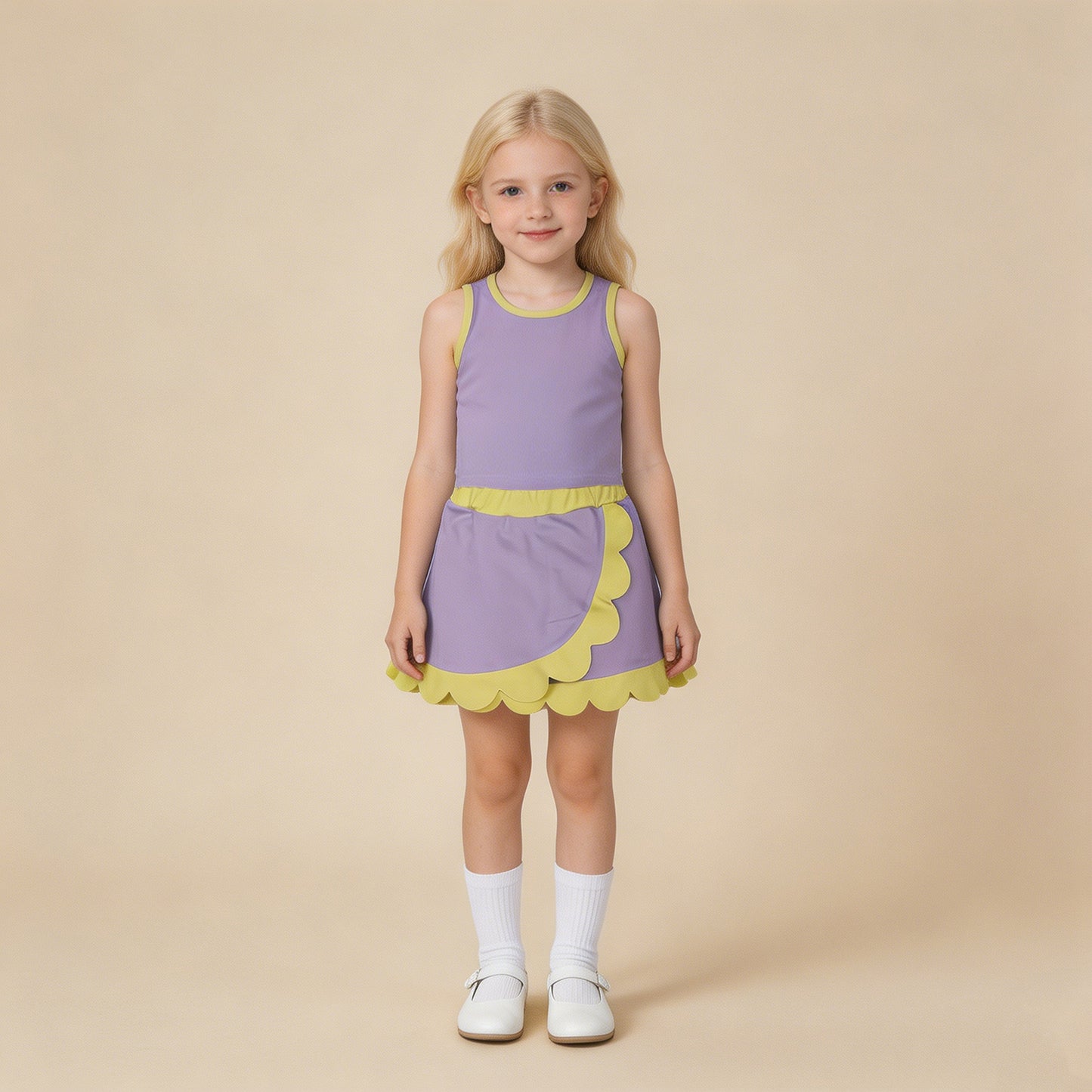 GSD4011 RTS NO MOQ （In stock ）Sleeveless lavender yellow scallop kids girls active wear set
