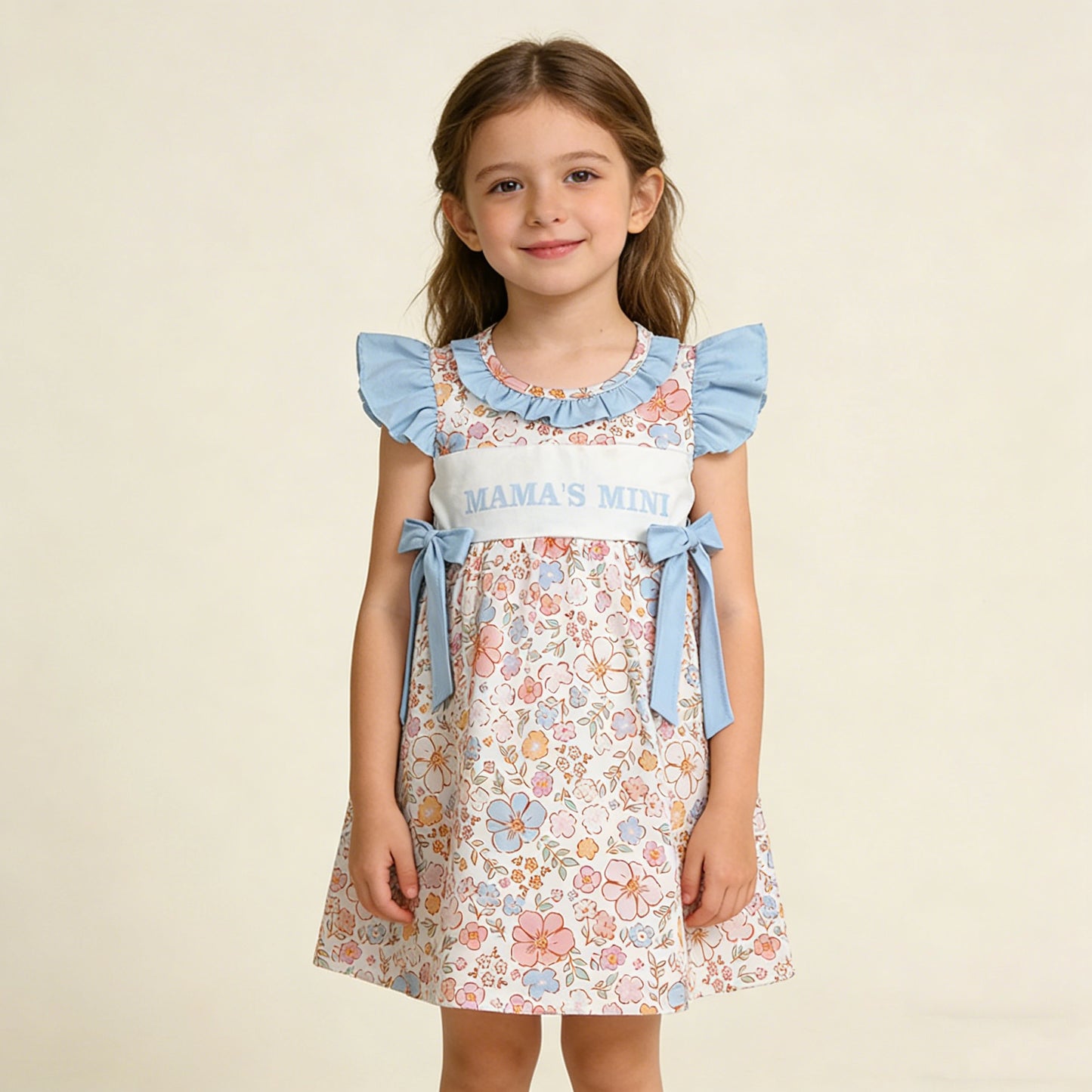 4.7 GSD3648 RTS NO MOQ （In stock) Flutter sleeves floral mama's mini kids girls dresses