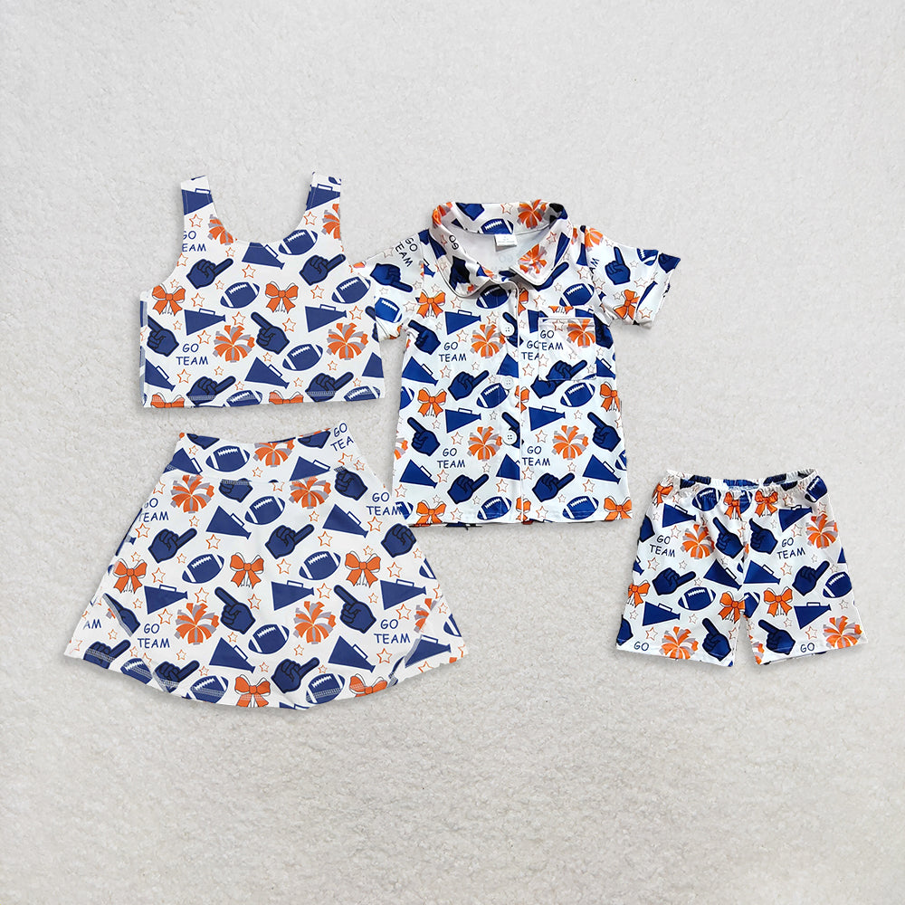 RTS Sibling Baby Girls Summer Outfits Navy Orange Bow Cheerleading Team Set Cute Bow Headband And Bow Hairtie Combo for Children