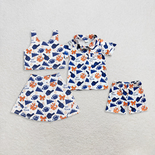 RTS Sibling Baby Girls Summer Outfits Navy Orange Bow Cheerleading Team Set Cute Bow Headband And Bow Hairtie Combo for Children