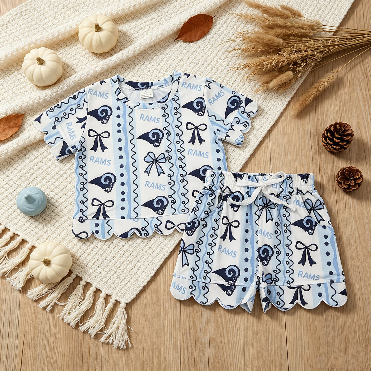 RTS NO MOQ GSSO3853 milk silk Baby Girls Rams Bows Stripe Top Short Team Scallop Clothes Sets