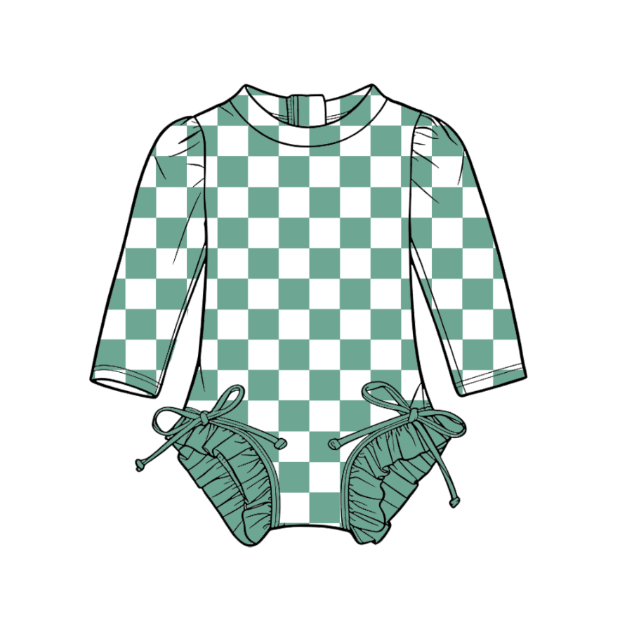 3.6 CUSTOM MOQ 5 Baby Girl Green Plaid Team Long Sleeve One Pieces Swimsuits