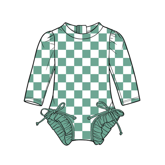 3.6 CUSTOM MOQ 5 Baby Girl Green Plaid Team Long Sleeve One Pieces Swimsuits