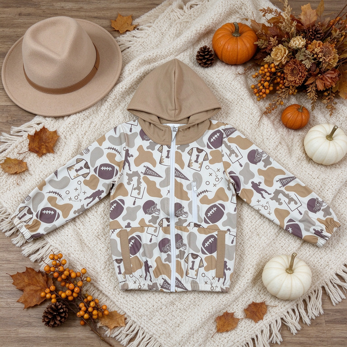 RTS NO MOQ （In stock）milk silk BT1570 Baby Boys Long Sleeve Khaki Camo Football Hunting Full Zip Hooded Outerwear With Pockets