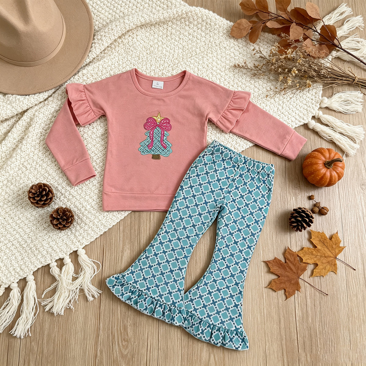 RTS NO MOQ milk silk GLP3548 Embroidery Bow Trees Baby Girls Polka Dots Top Ruffle Pant Christmas Clothes Sets