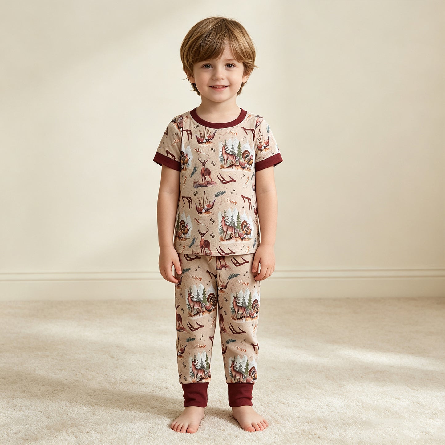 RTS NO MOQ （In stock） milk silk BSPO0494 Baby Boys Deer And Turkey Hunting Short Sleeve Top Matching Pants Fall Winter Hunting Pajamas Set