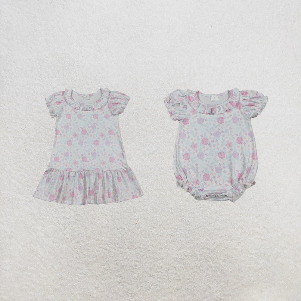 RTS Sibling Short sleeves pink lavender floral ruffle girls dress and romper