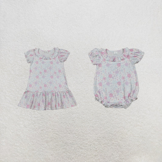 RTS Sibling Short sleeves pink lavender floral ruffle girls dress and romper