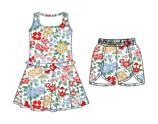 CUSTOM MOQ 5 Sibling Baby Girls Sleeveless Red Flowers Knee Length Dress Bottom Shorts Yoga Athletic Sets