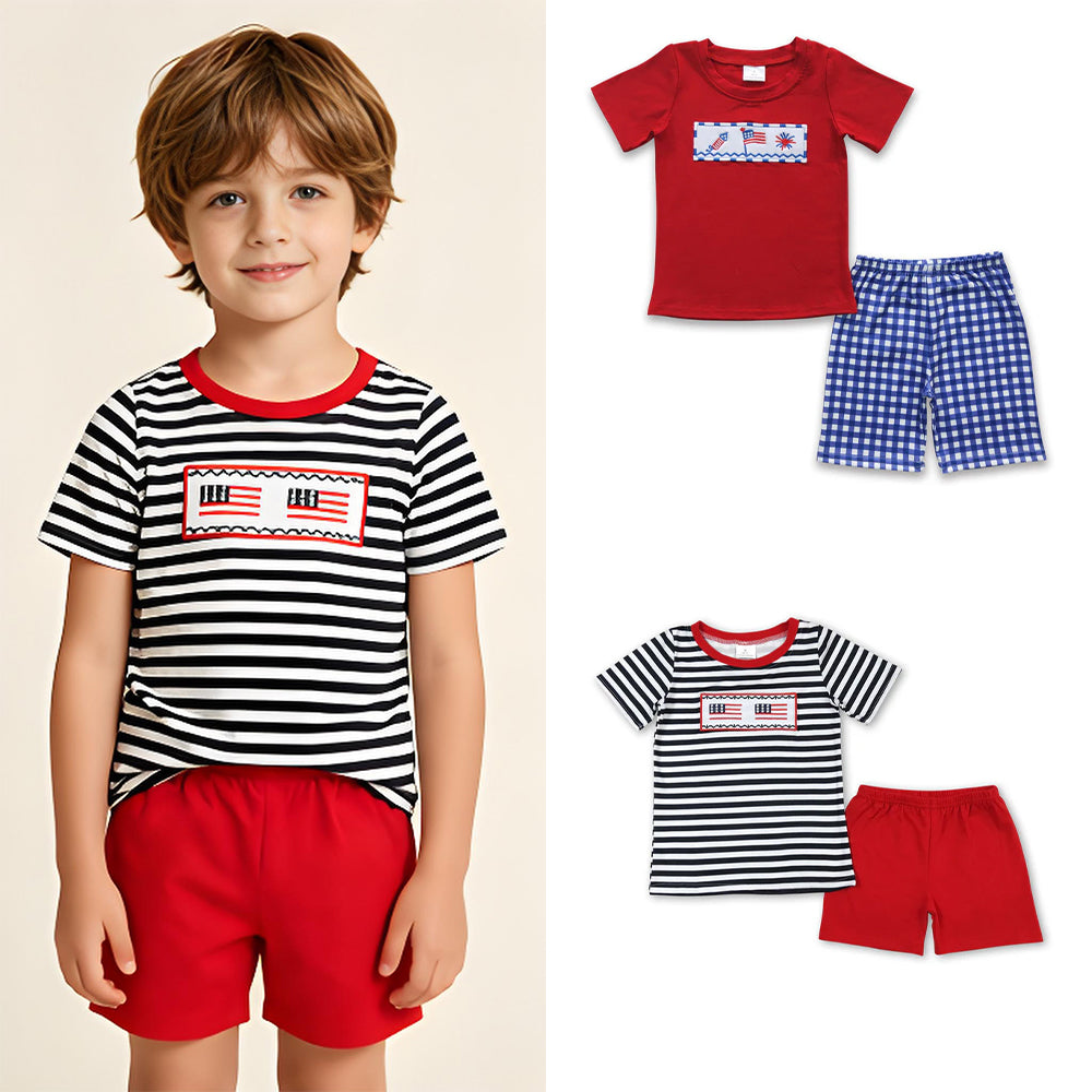 RTS Sibling Flad firework embroidery kids boy 4th of july outfits