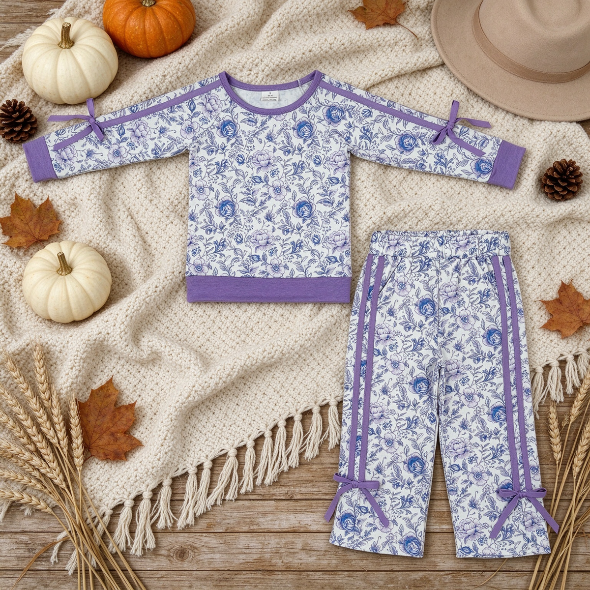 RTS NO MOQ （In stock）milk silk GLP3365 Baby Girls Floral Print Long Sleeve Top Pockets Flare Pant Fall Outfit Set