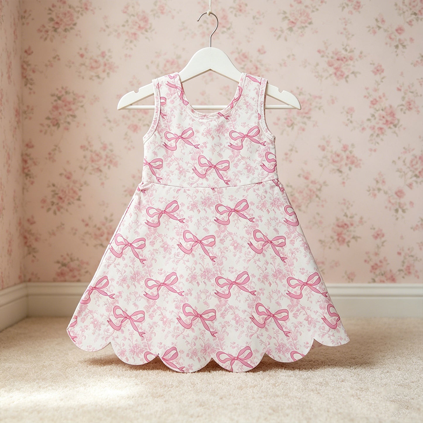 GSD2572 RTS NO MOQ （In stock ）Sleeveless floral pink bow girls summer athletic dress
