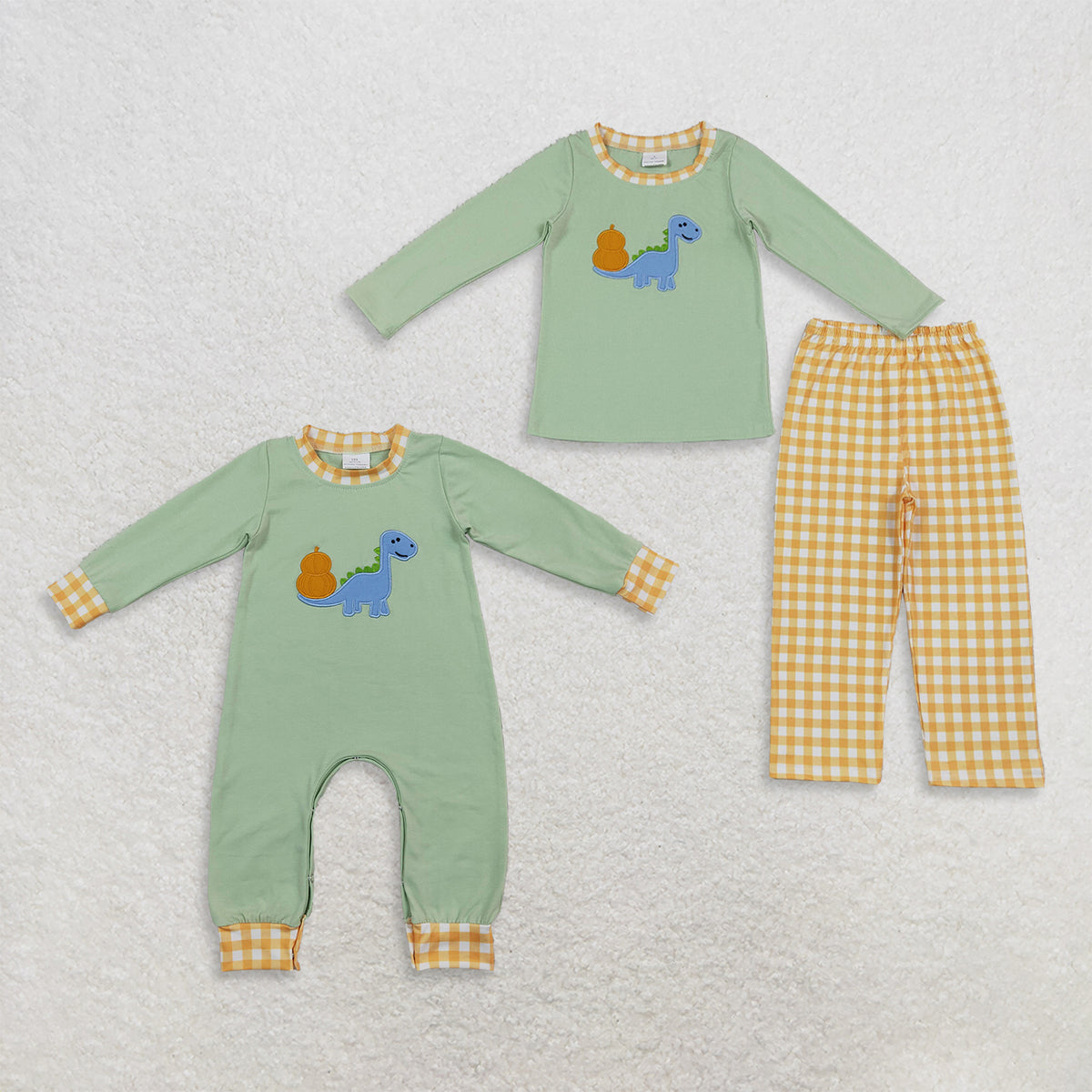 RTS NO MOQ Sibling milk silk Embroidery Baby Boys Dinosaur Pumpkin Gingham Trim Romper and Long Sleeve Top Plaid Pants Set