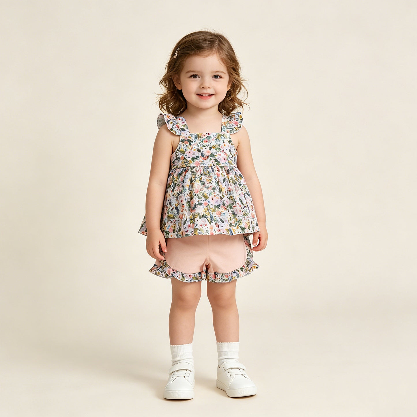 GSSO2180 RTS NO MOQ （In stock ）Flutter sleeves floral tunic ruffle shorts girls clothing