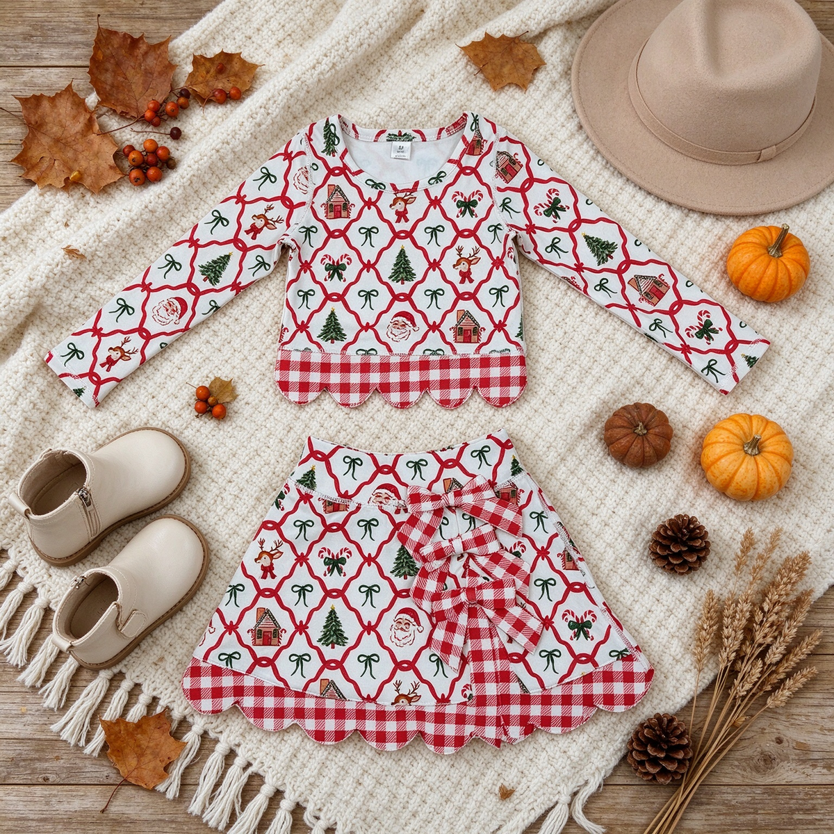 RTS NO MOQ （In stock）yoga fabric GLD1676 Baby Girls Gingerbread Bows Top Bows Skirt Short Christmas Yoga Active Scallop Clothes Set