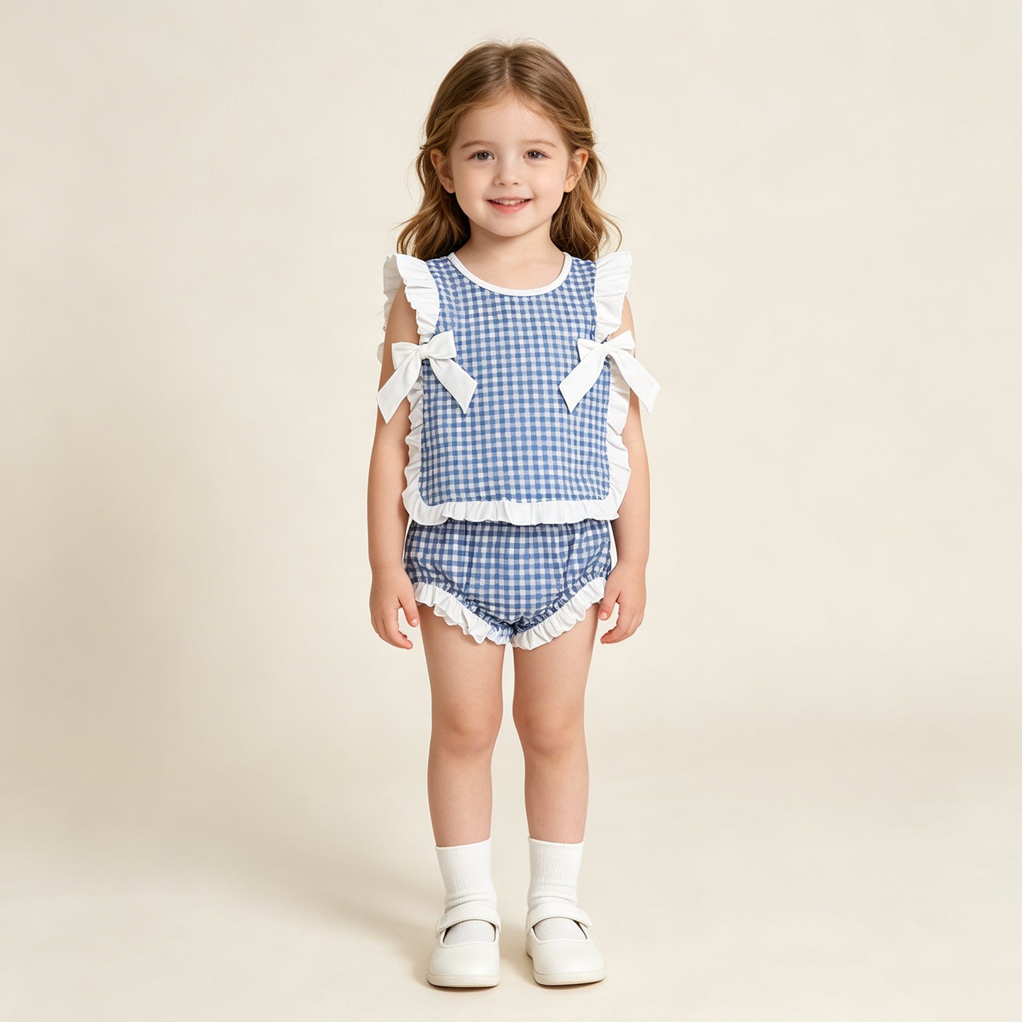 GBO0528 RTS NO MOQ （In stock）Ruffle bow blue plaid baby girls summer bummies set