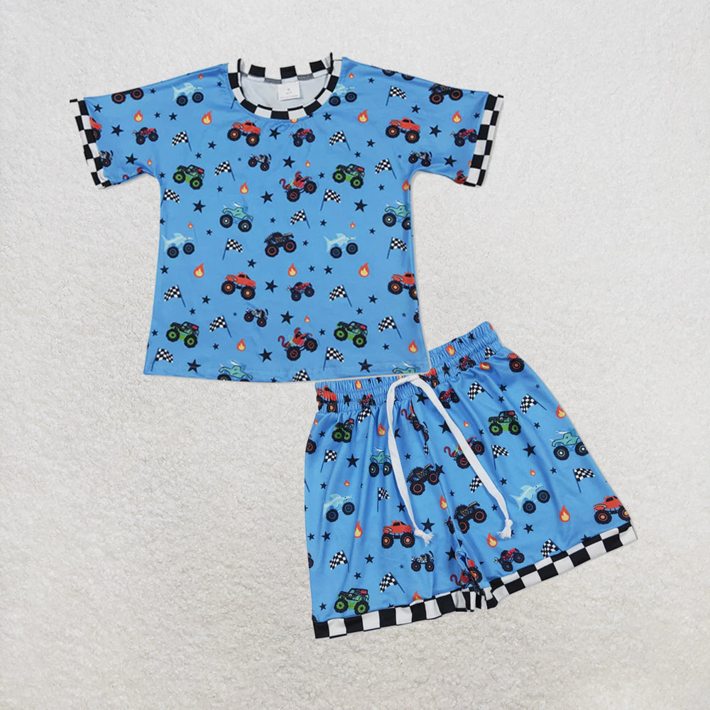 5.13 RTS NO MOQ （In stock）BT1496+SS0736 Plaid short sleeves flag truck kids boys summer shirt outfits