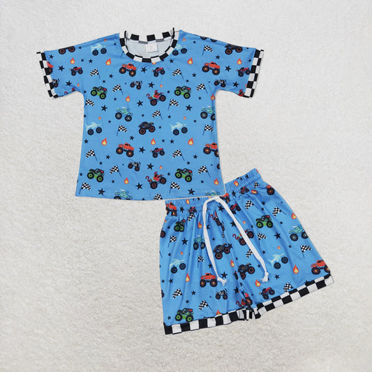 5.13 RTS NO MOQ （In stock）BT1496+SS0736 Plaid short sleeves flag truck kids boys summer shirt outfits