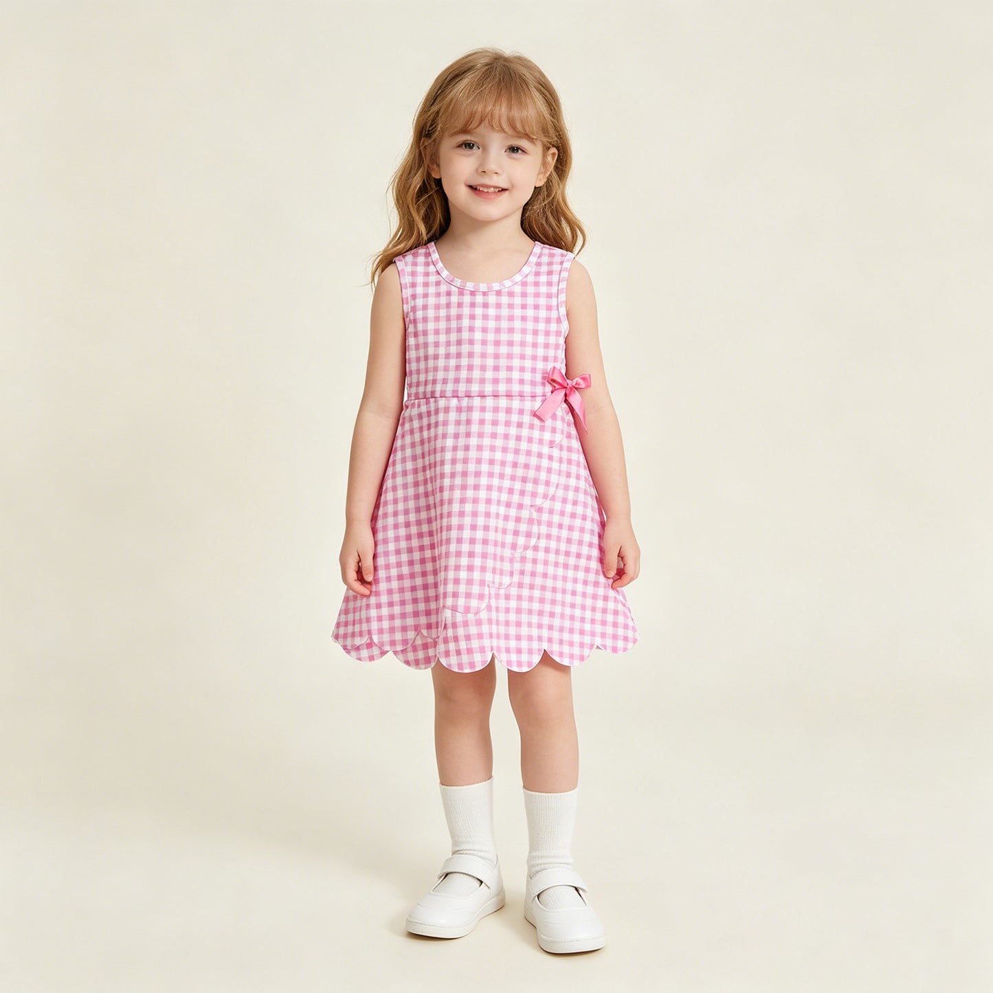GSD3779 RTS NO MOQ （In stock ）Sleeveless pink plaid scallop kids girls athletic dress