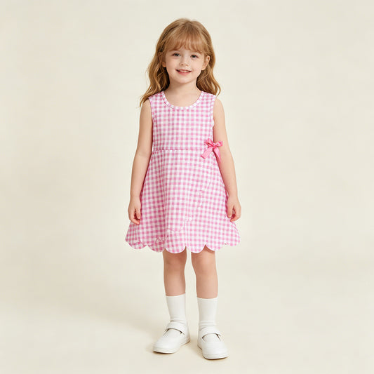 GSD3779 RTS NO MOQ （In stock ）Sleeveless pink plaid scallop kids girls athletic dress