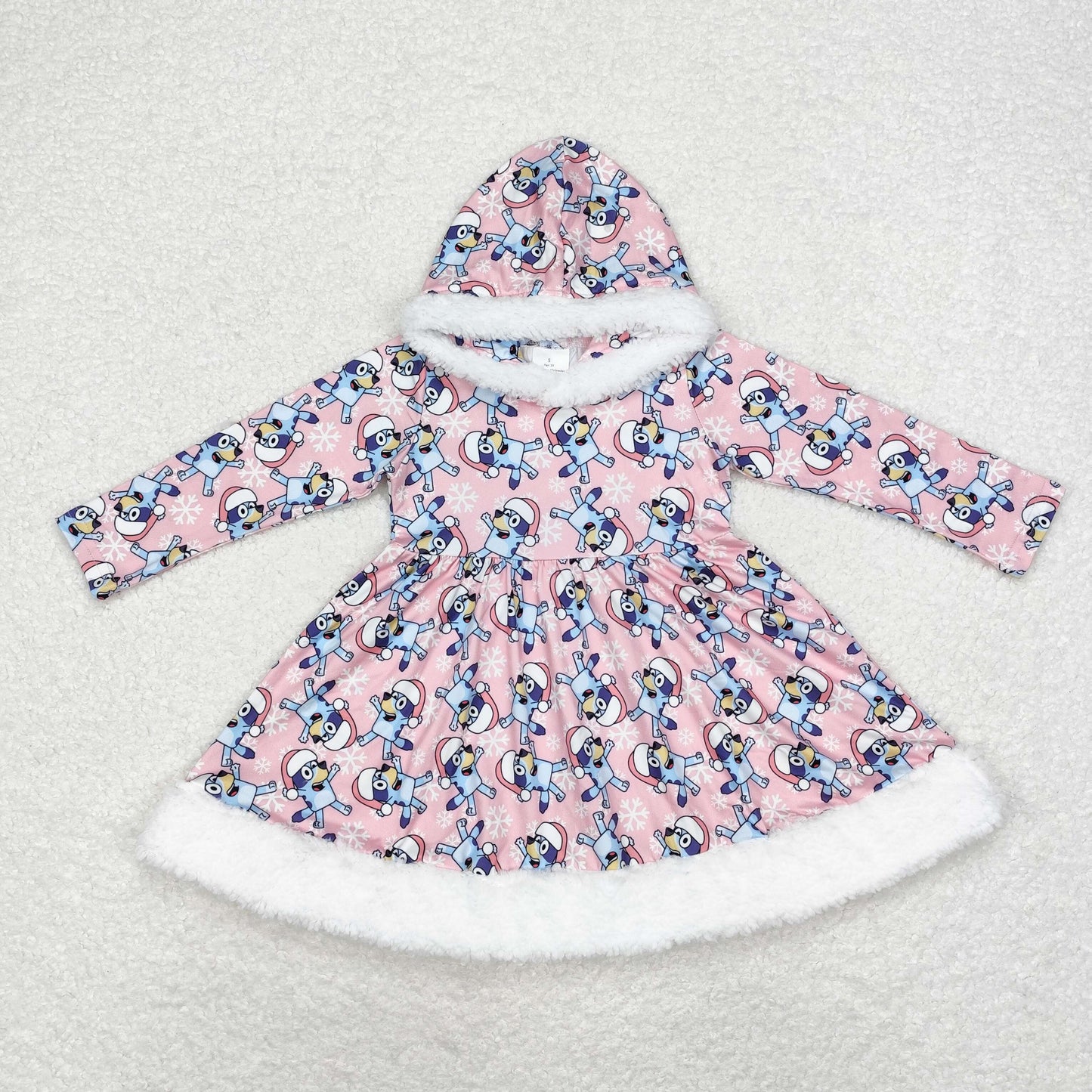 rts no moq GLD0724 bluey Snowflake Christmas White Fur Edge Pink Hooded Long Sleeve Dress