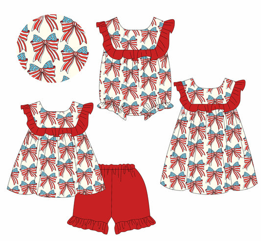 Red ruffle stars stripe bow kids girls 4th of july outfits