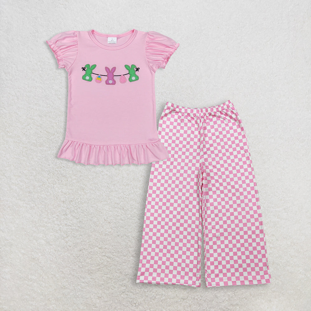 3.12 RTS NO MOQ （In stock）GT0391+ P1018 Baby Girls Easter Pink Rabbits Bunny Puffy Short Sleeve Shirt Tops Checked Flare Pants Bottom