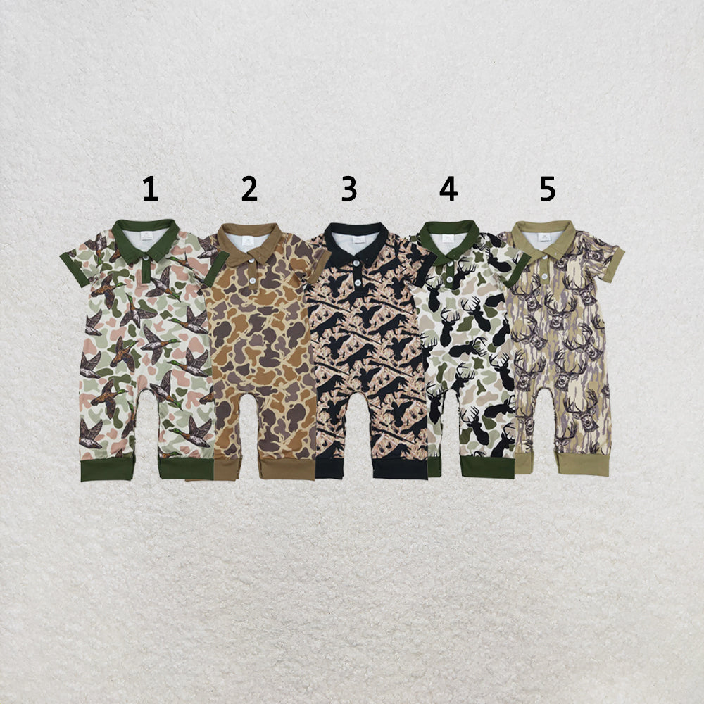RTS Sibling Baby Boys Short Sleeve Southern Hunting Duck Dogs Deer Camo Button Rompers